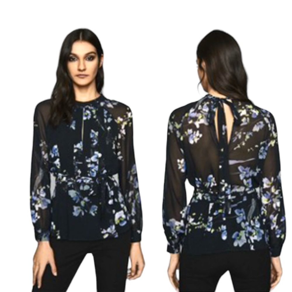 REISS Robbie Floral Printed Blouse Semi Sheer Pleated Keyhole Peplum Tie Flowy